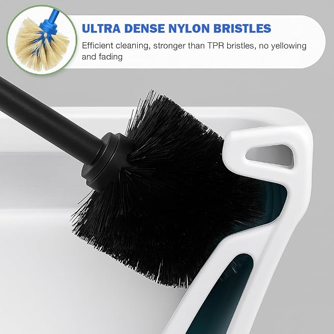 Black Toilet Brush and Holder Set, 304 Stainless Steel Heavy Duty Toilet Bowl Brush and Holder with Long Handle, Removable Inner Bowl and Splash Protection Modern Toilet Cleaner Brush for Bathroom