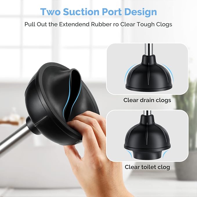 HAMITOR Toilet Plunger and Bowl Brush Set: 2 in 1 Stainless Steel Heavy Duty Toilet Cleaner Plunger with Holder Combo for Bathroom Cleaning - Modern Hideaway Bathroom Accessories with Caddy Stand