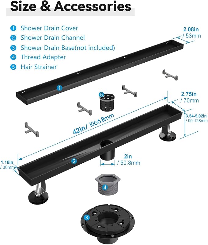 Linear Shower Drain, 42 Inch Black Shower Drain with Removable Tile Insert Grate, 2 in 1 Bathroom Modern 304 Stainless Steel Matte Black Shower Floor Drain with Adjustable Feet,Hair Filter