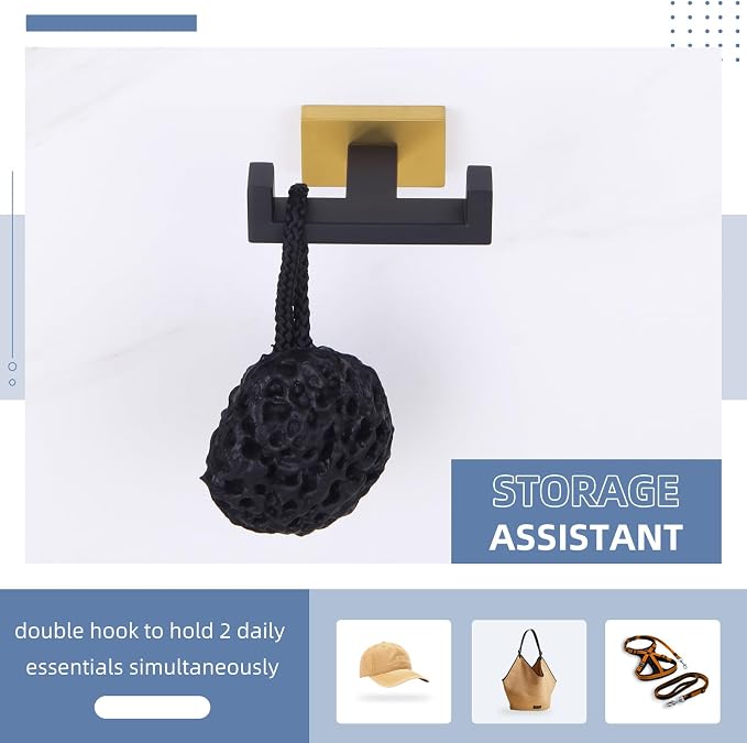 Angle Simple Towel Hook Black & Gold 2 PCS, Stainless Steel Double Hook for Bathroom, Square Robe Hook, Hand Towel Holder for Wall