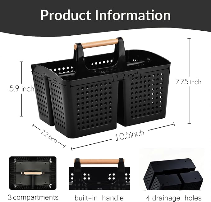Portable Shower Caddy Basket with Wood Handle, 3-Compartment Bathroom Organizer Tote with Drain Holes, Plastic Shower Basket for Dorm, Toiletries, Cleaning Supplies, Black