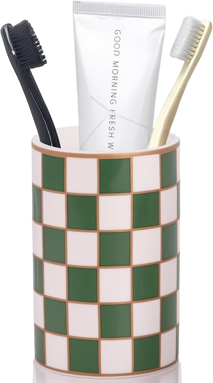 Checkered Bathroom Toothbrush Holder, Bathroom Black and White Ceramic Toothbrush Holder, Modern Toothbrush Box, Used for Bathroom countertop Storage Rack, Checkered Bathroom Decoration (Green)