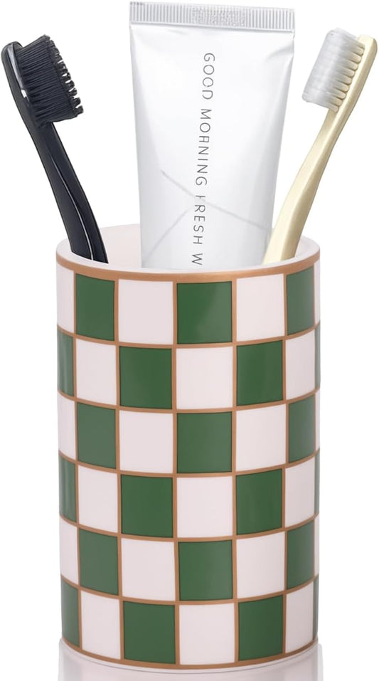 Checkered Bathroom Toothbrush Holder, Bathroom Black and White Ceramic Toothbrush Holder, Modern Toothbrush Box, Used for Bathroom countertop Storage Rack, Checkered Bathroom Decoration (Green)
