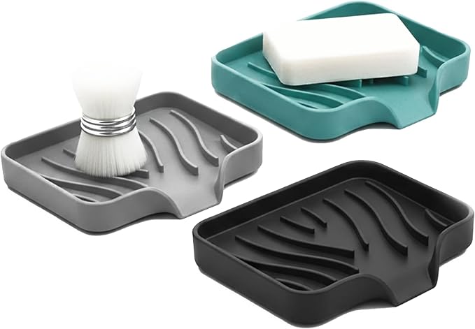 Self Draining Soap Dish with Drain Spout - Bar Soap Holder for Bathroom & Kitchen Sink - Flexible Non-Slip Silicone Soap Holder for Bar Soap, Sponge & Scrubber – 3 Pack