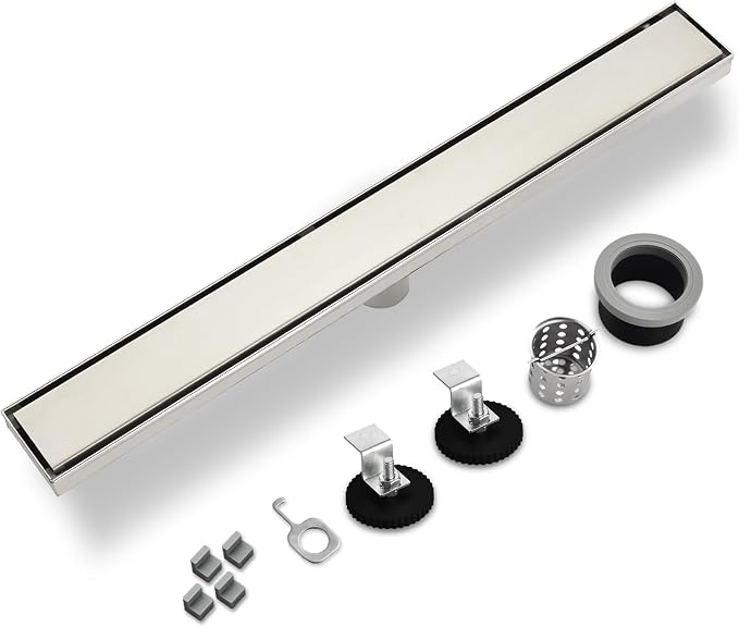 Linear Shower Drain ，48 Inch Brushed 304 Stainless Steel Rectangle Shower Floor Drain，with Reversable Tile-inPattern Drain Cover & Hair Catcher, Adjustable Feet