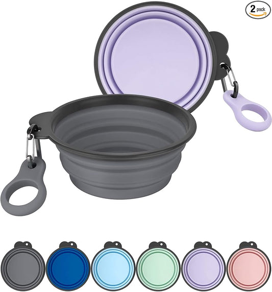 2 Pack 15oz/1.8 Cup Collapsible Dog Bowls with Bottle Carrier | Upgraded Carabiner,One-piece Molded Rim Won't Fall Off or Crack, Foldable Portable for Pets Water Drinking or Food Feeding