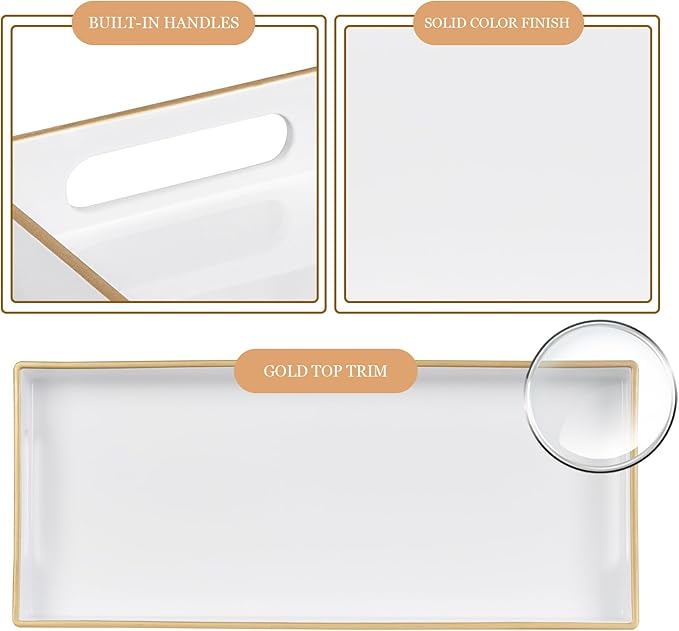 MAONAME White Vanity Tray Set of 2, Plastic Decorative Tray with Handles, Long Narrow Trays, Rectangular Bathroom Trays for Toilet Tank, 13.8" X 6" X 1.57"