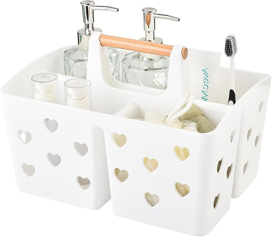 White Portable Shower Caddy Basket with Handle, 3-Compartment Plastic Shower Tote with Drain Holes, Cute Bathroom Organizer for College Dorm, Shared Bathroom, Gym, Travel, Skincare & Cleaning Supplies