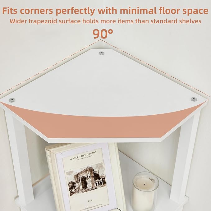 YUFAM 5-Tier Corner Shelf with Sturdy 5-Leg Base, Wooden Corner Bookshelf for Small Spaces, Corner Standing Shelf for Living Room, Bedroom, Office, White