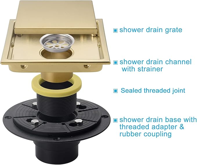 6 Inch Square Invisible Shower Floor Drain Brushed Nickel, Detachable Bathroom Floor Drain Flange, Insert Tiles for Filtering in The Grille Plate Cover, SUS304 Stainless Steel