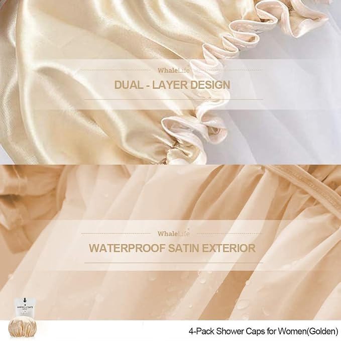 Shower Caps Satin Lined Waterproof for Women Men - 4Pc Golden | Double Layer 100 Percent Dry Jumbo Oversized Fits Thick Hair Smooth Lining Prevents Hair Frizz Snug Elastic Band No Pressure