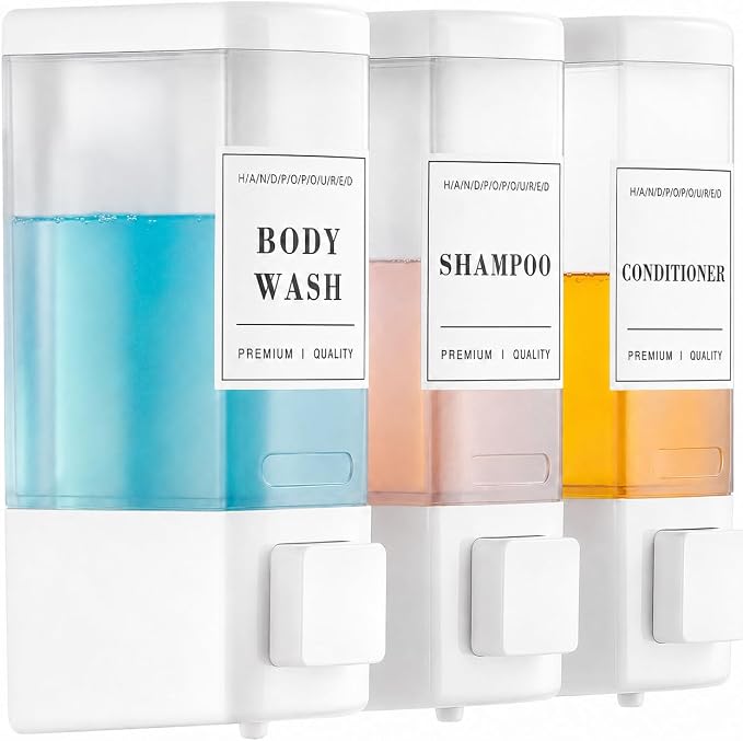 Shampoo and Conditioner Dispenser for Shower, 3 Chamber, White | Wall Mounted, No Drill, 3×16.9oz, ABS Plastic Material, Refillable With Labels, For Bathroom Hotel