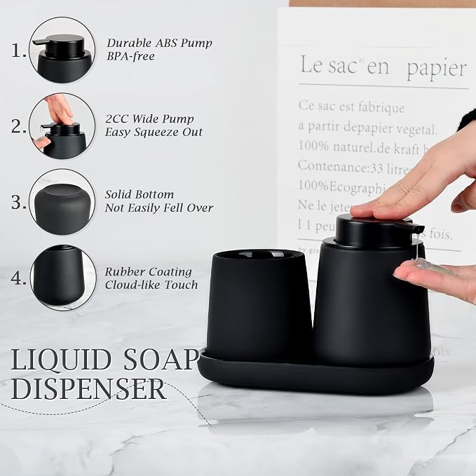 BosilunLife Ceramic Bathroom Accessories Set 3 Pcs | Liquid Soap Dispenser and Toothbrush Holder with Tray, Modern Farmhouse Vanity Decor, Black Housewarming Gift (Black-Liquid)