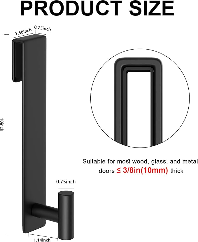 PMMASTO 10 Inch Extended Shower Door Hooks for Frameless Glass Bathroom, Stainless Steel Heavy Duty Over Door Towel and Robe Hanger (Black, Fits 3/8" Thick Door- T Shape)