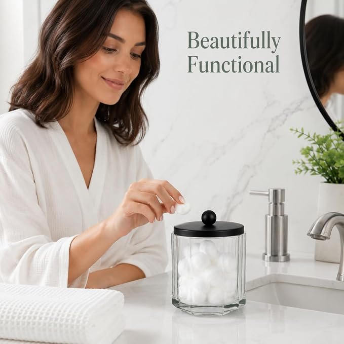 Sage Green Translucent Apothecary Octagional Shaped Glass Canister Jar With Black Metal Lid Cover for Bathroom Organization, Cotton Balls, Q Tips, and Small Accessories, Bathroom Storage