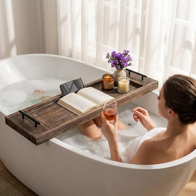 Hanobe Bathtub Tray Bath Caddy: Wood Bath Tub Trays Table Board - Rustic Bathtub Shelf Across Tub - Long Wooden Serving Tray with Handles for Bathroom, 31"