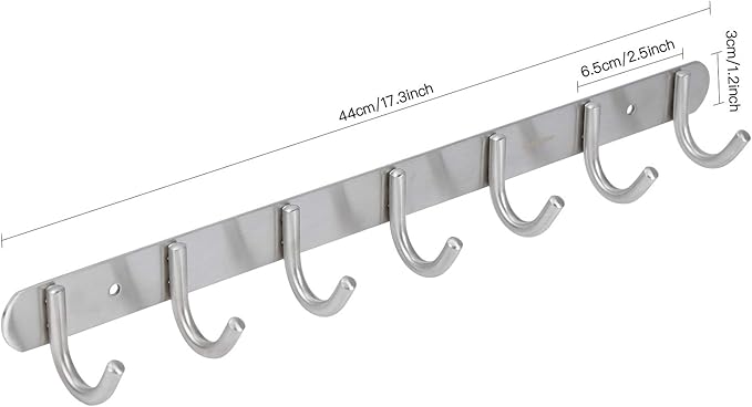Towel Hook Rack Brushed Nickel - Sagmoc 17-Inch Coat Hook Rail Wall Mounted with 7 Round Hooks, Durable Wall Hangers for Bedroom, Bathroom, Foyer, Hallway (304 Stainless Steel)