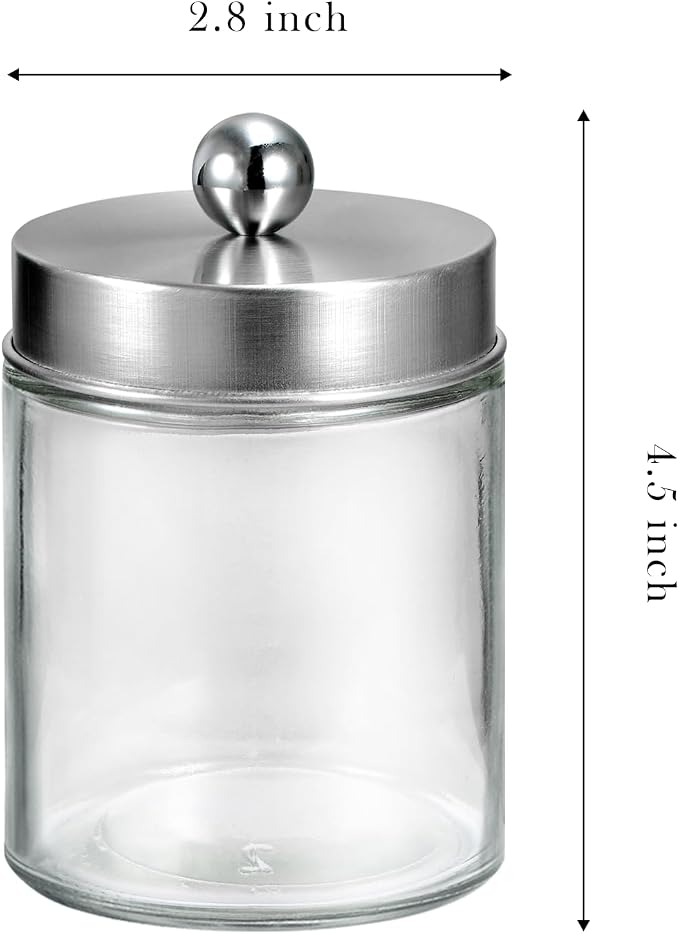 SheeChung 2 Pack Glass Qtip Holder with Brushed Nickel Stainless Steel Lids | Apothecary Jars with Stickers, Modern Farmhouse Bathroom Vanity Organizer for Cotton Swabs, Balls, Pads