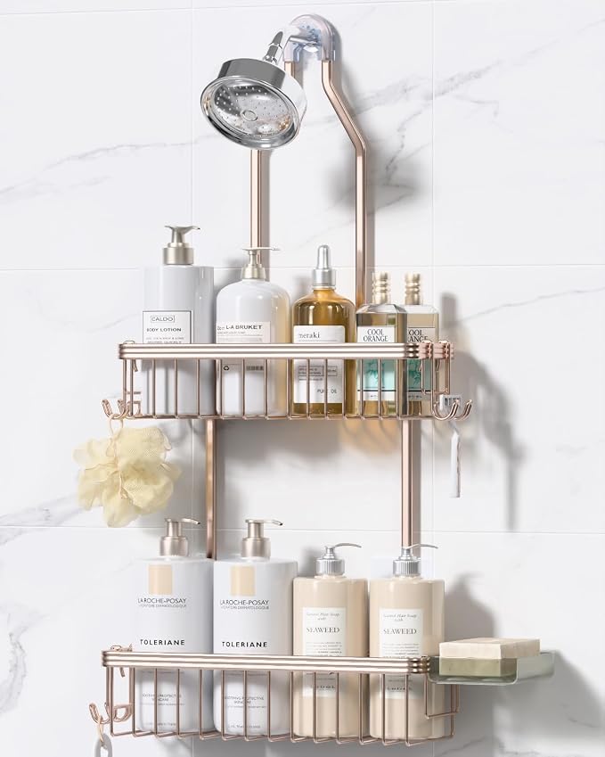 YASONIC Never Rust Shower Caddy Hanging, Aluminum Shower Racks for Inside Shower, 2-Tier Shower Organizer Hanging Over Shower Head with Hooks and Soap Holder, Rose Gold