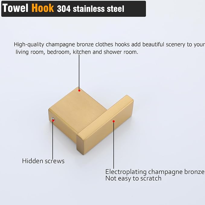 RANDOM Towel Hooks for Bathrooms SUS304 Stainless Steel Hand Towel Holder,Coat Rack Wall Mount Robe Hook,Champagne Bronze.96009-8CB