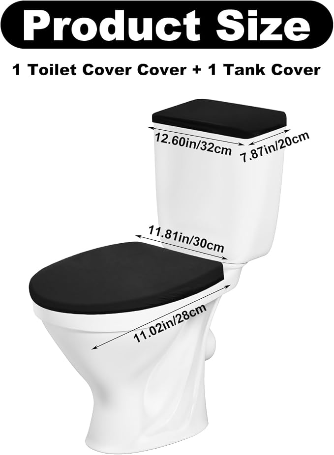 2 PCS Black Toilet Seat Cover Set, Soft Velvet Black Toilet Cover & Nylon Tank Cover with Elastic Bottom, Machine Washable Bathroom Accessories