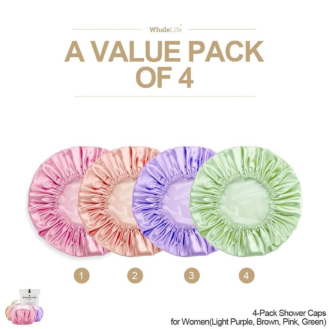 Shower Caps Satin Lined Waterproof for Women Men - 4Pc Candy Mixed Colors | Double Layer 100 Percent Dry Jumbo Oversized Fits Thick Hair Smooth Lining Prevents Hair Frizz Snug Elastic Band No Pressure