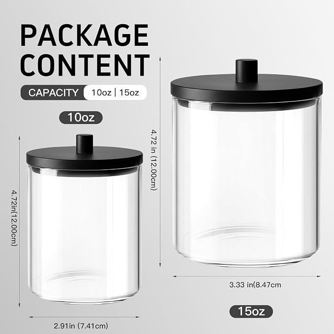 BKYFPQ 2 Pack Glass Qtip Holder Dispenser Set - 15oz & 10oz Apothecary Jars with Lids - Vanity Makeup Organizer and Bathroom Canister Storage Organizer for Cotton Ball, Swab, Round Pads,Floss