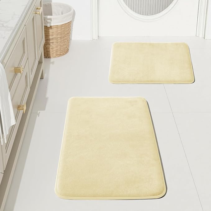 Bathroom Rugs Sets 2 Piece, Non-Slip & Quick Dry Bath Mat Set, Ultra Soft Velvet Bath Rugs for Bathroom, Toilet and Shower Floor, Cream Yellow