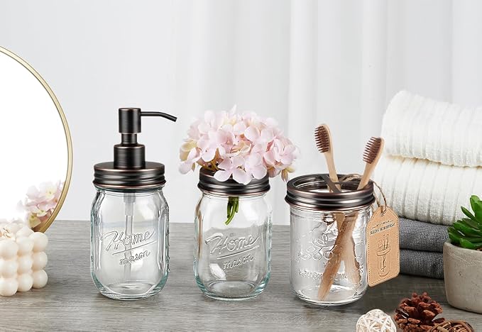 SheeChung Mason Jar Toothbrush Holders, Glass Toothbrush Holders for Bathroom, Bathroom Essentials, Mason Jar Bathroom Accessories Set, Bathroom Countertop Organizer-Oil Rubbed Bronze