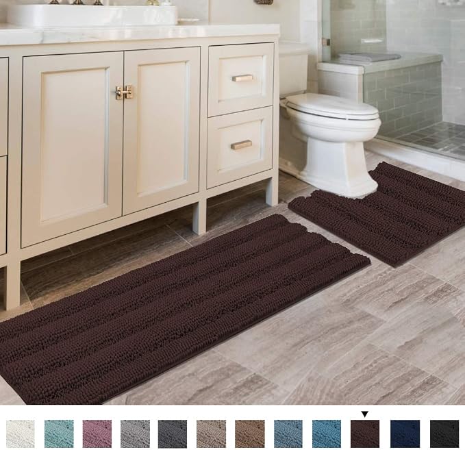 H.VERSAILTEX Bathroom Rugs Bath Rug Set 2 Piece Bathroom Contour Rug Toilet Mat Sets Non Slip Contour Bath Rug Ultra Thick Water Absorbent Striped Bath Mats(47" x 17" Plus 20" x 20" U, Chocolate)