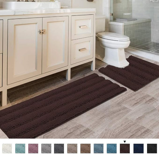 H.VERSAILTEX Bathroom Rugs Bath Rug Set 2 Piece Bathroom Contour Rug Toilet Mat Sets Non Slip Contour Bath Rug Ultra Thick Water Absorbent Striped Bath Mats(47" x 17" Plus 20" x 20" U, Chocolate)