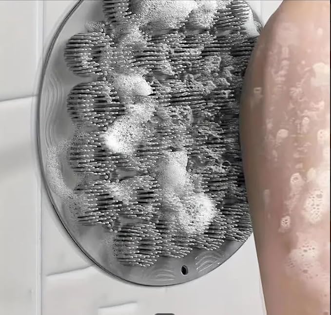 Nazarians Wall-Mounted Silicone Shower Scrubber- Hands-Free Back & Foot Body Scrub with Suction Cups, Gray - Gentle & Effective Bathroom Scrubber for Men & Women - Durable Design for Daily Shower Use