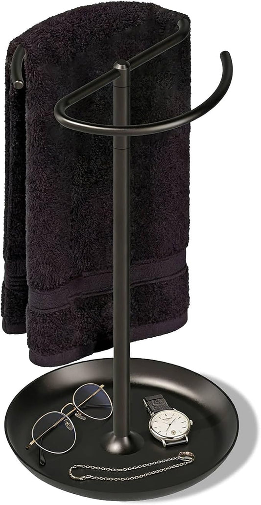 Hand Towel Holder Countertop with Storage Tray Weighted (Matte Black) | heavier base | electroplated for a lasting shine | bathroom organizer | storage tray for watch, necklaces, glasses, earring