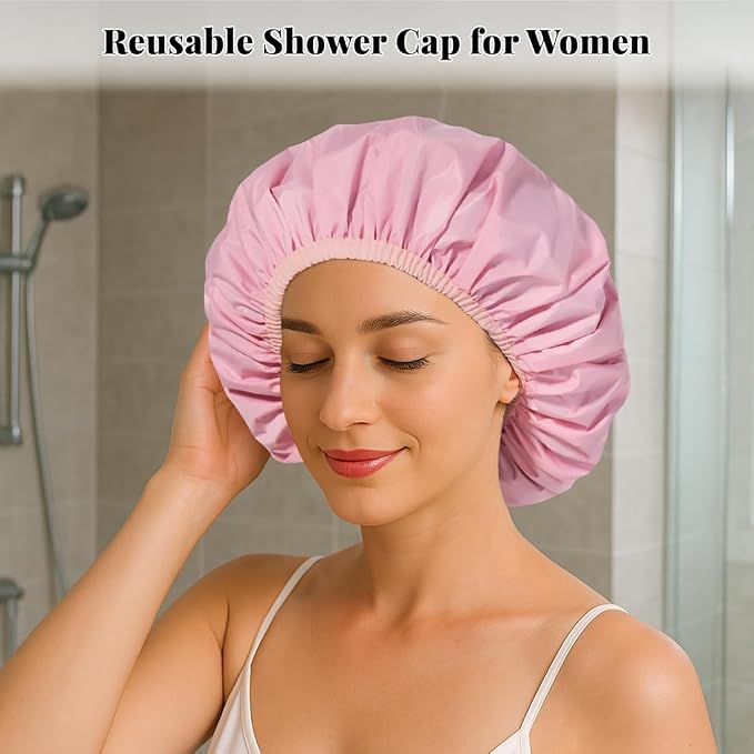 3 Pack Waterproof Shower Cap for Women, Reusable Bath Cap for Long Hair, Comfortable Hair Cap for Shower and Home Use