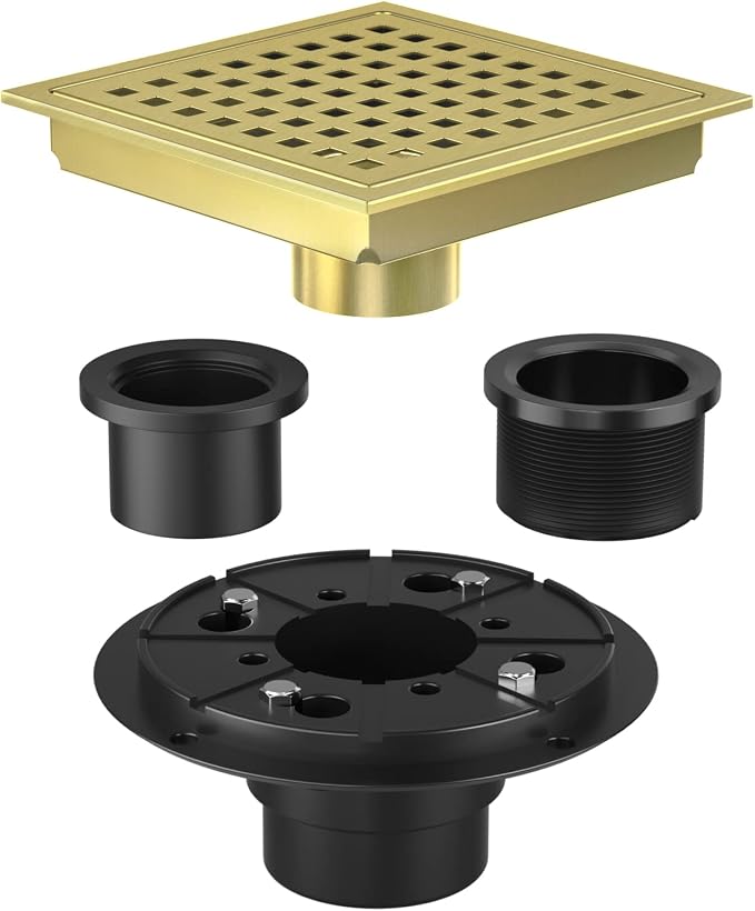 Shower Drain Brushed Gold 4-3/8 Inch, Square Floor Drain, Stainless Steel Bathroom Drain Kit with ABS Flange, Removable Grid Cover, Hair Strainer
