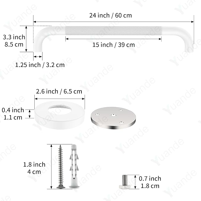 24 Inch Anti Slip Shower Grab Bar, YuanDe White Stainless Steel Bath Grab Bar, Knurled Bathroom Safety Rail, Shower Handrail Support, Handicap Elderly Balance Assist Handles-1.25" Diameter
