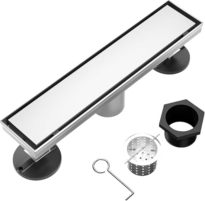 BARONAGE 12 Inch Linear Shower Drain Reversible Tile Insert, Brushed Nickel | 304 Stainless Steel Linear Drains, Rustproof, Hair Catcher, Rectangle Shower Floor Drain With Leveling Feet For Bathroom