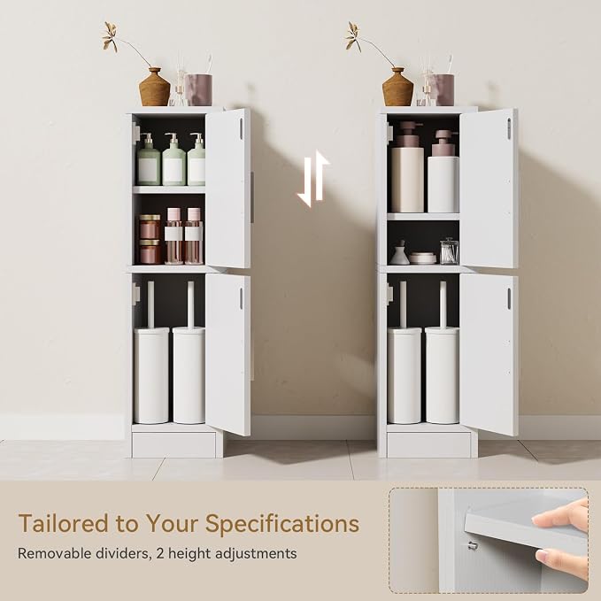 IBUYKE Small Bathroom Storage Cabinet, Narrow Beside Tolite Cabinet with 2 Doors & Adjustable Shelf, Small Bathroom Organizer, Space-Saving Storage Solution for Toilet, Laundry Room UWBS002W