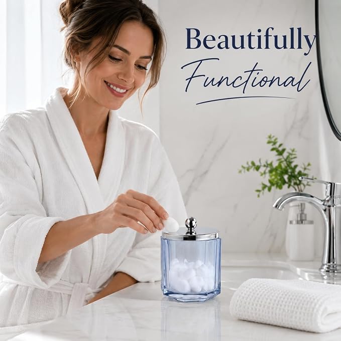 Light Blue Translucent Apothecary Octagional Shaped Glass Canister Jar With Metal Lid Cover for Bathroom Organization, Cotton Balls, Q Tips, and Small Accessories, Bathroom Storage