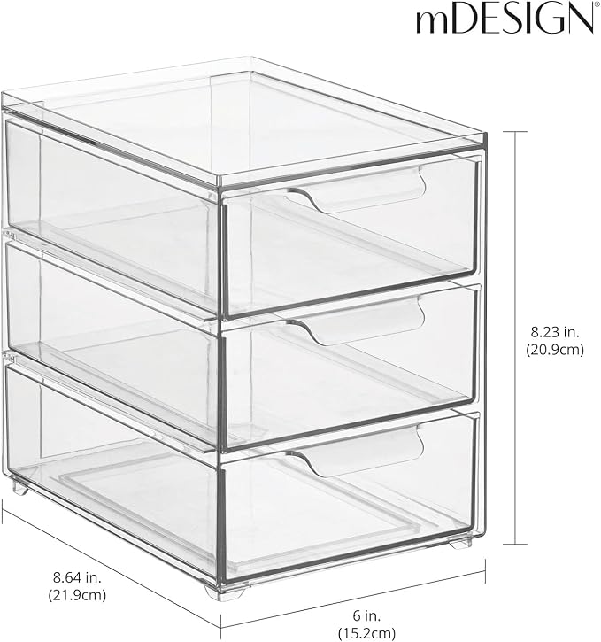 mDesign Plastic Stackable Organizer with 3 Drawers - Pull-Out Drawer Storage Bin for Bathroom Sink/Cabinet Organization - Perfect for Makeup, Small Towels, and More - Lumiere Collection, 4 Pack, Clear