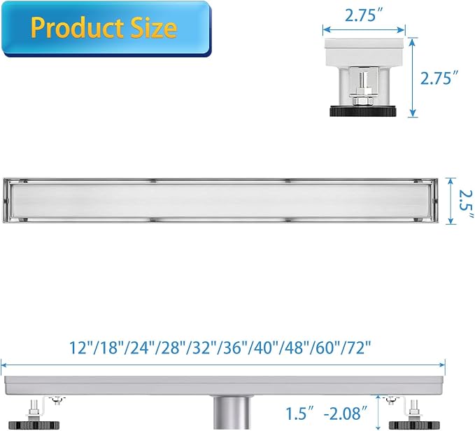 Linear Shower Drain, 48 inch Drain with Tile Insert 2-in-1 Panel, Brushed 304 Stainless Steel Shower Floor Drain, Linear Drain with Hair Strainer and Adjustable Feet