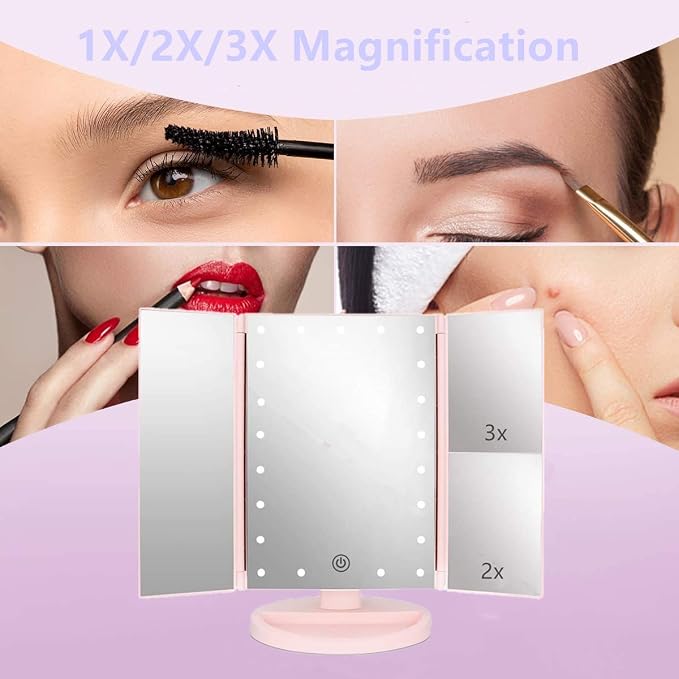 Flymiro Tri-fold Lighted Vanity Makeup Mirror with 3x/2x Magnification,Light up Mirror for Makeup,Touch Screen 21 LEDs,180° Rotation Countertop Cosmetic Mirror,Gifts for Women Mom Teen Girls