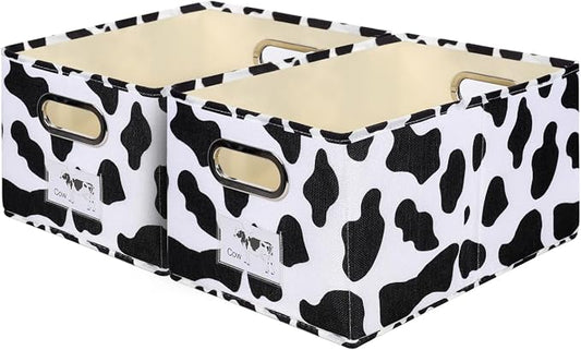 ANMINY 2PCS Fabric Storage Bin Cow Print Cotton Linen Foldable Open Storage Basket Box with Handles PP Plastic Board Label Window Pocket Decorative Washable Closet Shelf Organizer Container - Medium