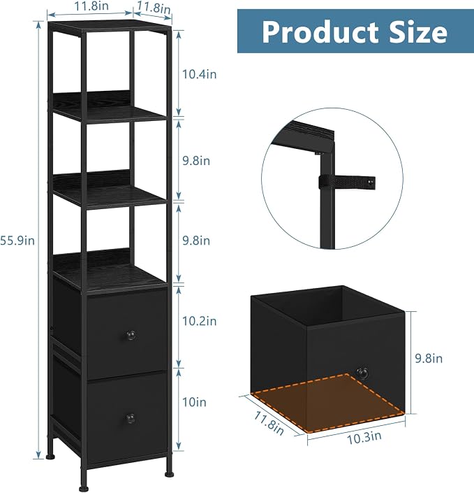 Tall Bathroom Storage Cabinet, 55.9'' Slim Bathroom Floor Cabinet with Fabric Drawers for Small Spaces, Narrow Storage Cabinet Shelves Bathroom Organizer Towel Rack for Living Room, Kitchen, Black