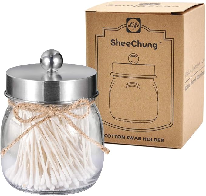 SheeChung Glass Mason Jar Qtip Holder, Brushed Nickel Stainless Steel Lid | Clear Apothecary Jar Canisters Set,Bathroom Jar Dispenser,Vanity Storage Organizer for Cotton Swab,Ball,Floss,Farmhouse Decor
