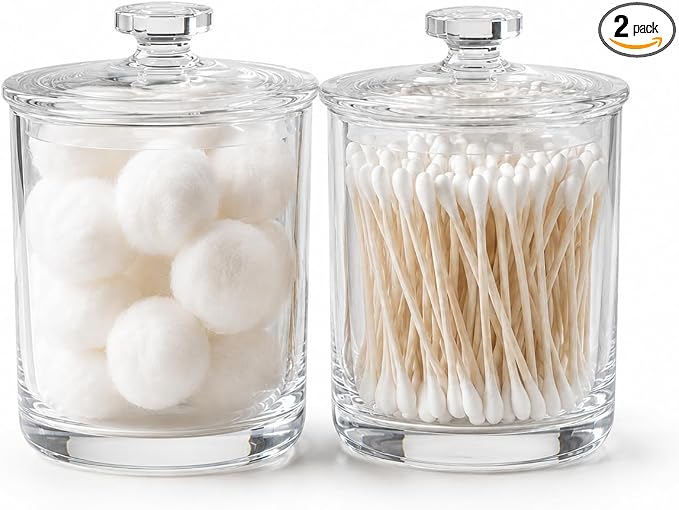 ForPro Clear Acrylic Apothecary Jars with Lids, Set of 2 Shatterproof Qtip Holder & Cotton Ball Container, 15 Oz Bathroom Vanity Organizer Canister for Kitchen & Office Decor, 4.5" x 3.5"