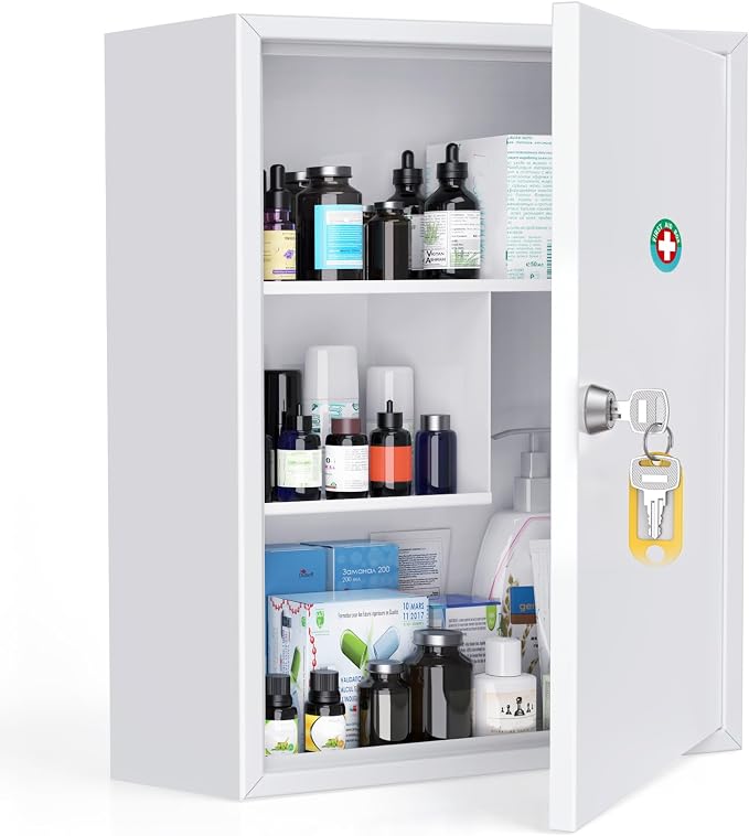 Uniclife Wall Mount Medicine Cabinet with Key Lock, Locking First Aid Cabinet, Lockable Medical Cabinet, Large Capacity Medicine Organizer, Secure Steel Wall Cabinet Metal Storage Box, White