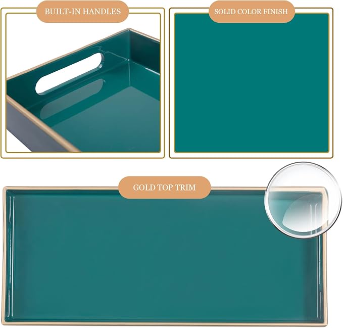 MAONAME Green Bathroom Tray, Plastic Vanity Tray, Narrow Countertop Trays with Handles, Perfume Organizer Trays for Dresser, Bathroom Accessories, 13.8" x 6" x 1.57"