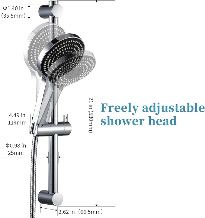 OFFO Shower Slide Bar Combo, Adjustable 21 in Slide Bar with 6-Mode High Pressure Handheld Shower Head and 60 in Stainless Steel Hose, Screw Wall Mounted, Chrome