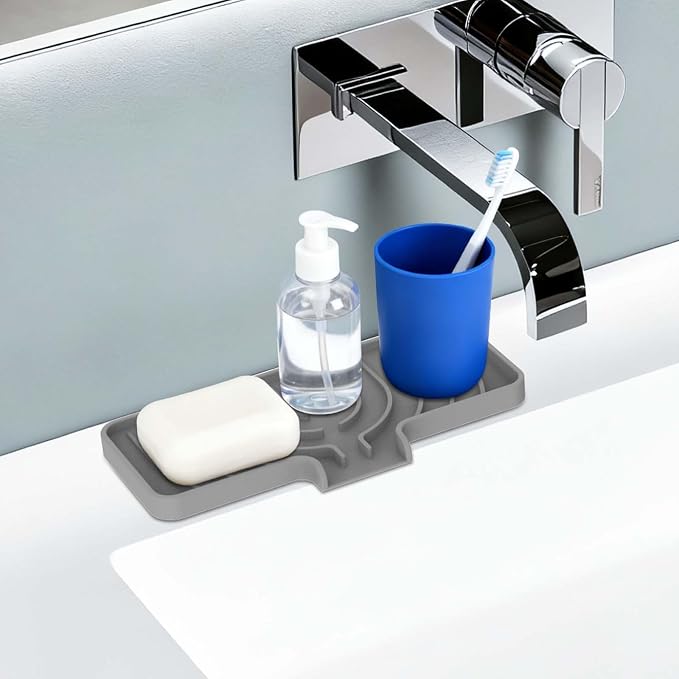 JACZZO Silicone Sponge Holder for Kitchen Sink, (10x4 In) Sink Caddy with Drain Spout, Self Draining Soap Tray & Organizer, Kitchen Accessories,Bathroom Organizer, Easy to Clean (Grey)